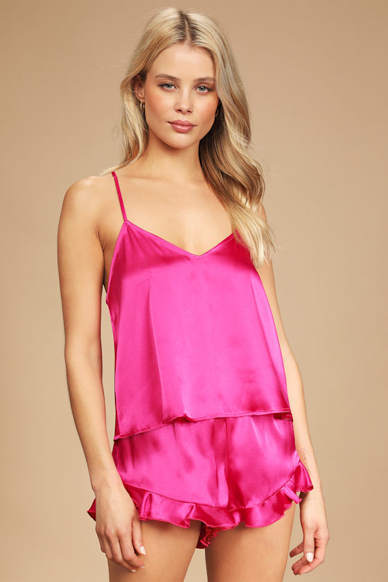 Sweetest Dreams Hot Pink Satin Ruffled Two-Piece Pajama Set 7