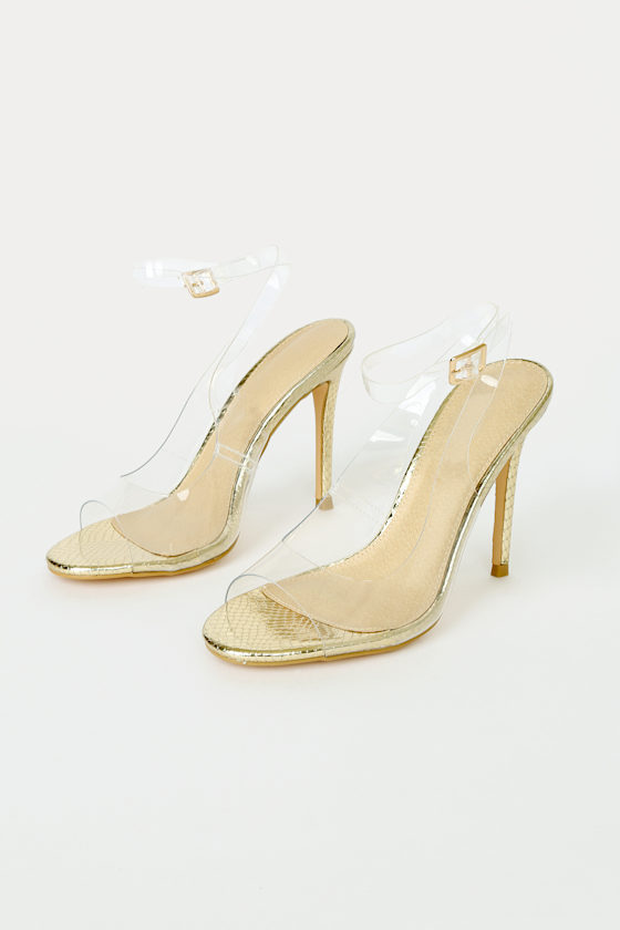 Aleigha Gold Snake-Embossed Vinyl Ankle Strap Heels 4