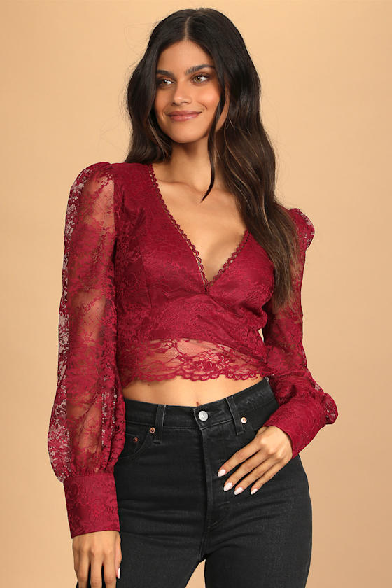 Sultry Allure Burgundy Lace V-Neck Long Sleeve Crop Top 6