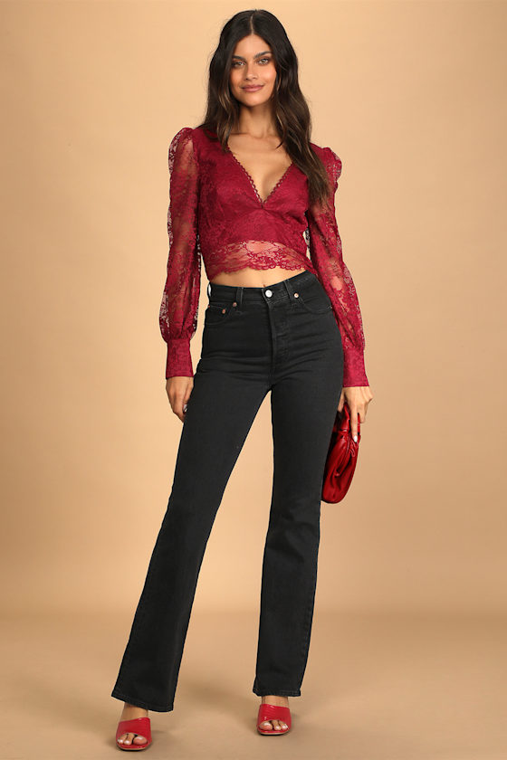 Sultry Allure Burgundy Lace V-Neck Long Sleeve Crop Top 9