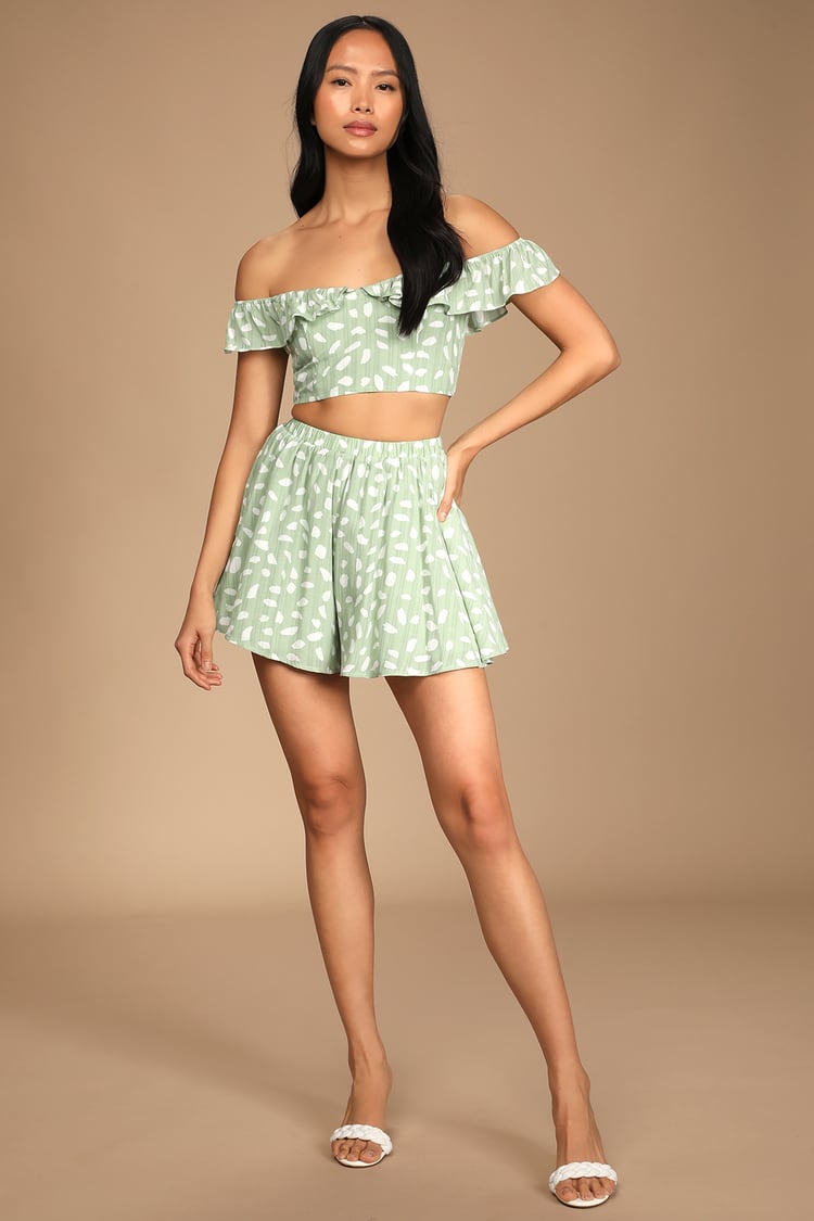 Spring to It Sage Green Dotted Off-the-Shoulder Two-Piece Romper