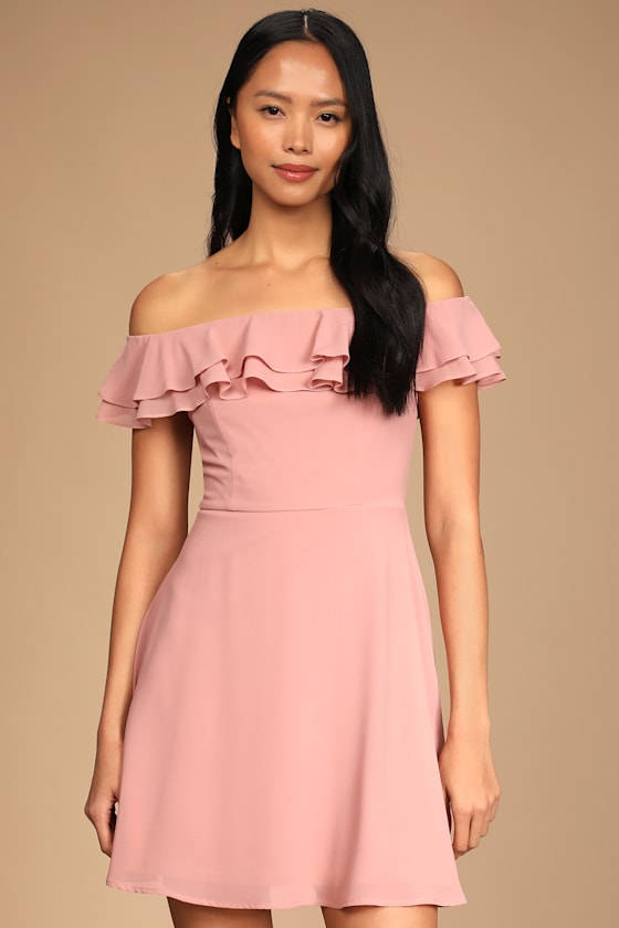 Win Your Heart Blush Ruffle Off-the-Shoulder Skater Dress 4