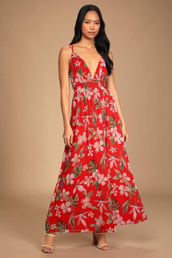 Red Tropical Dress - Tropical Print Maxi Dress - V-Neck Dress - Lulus