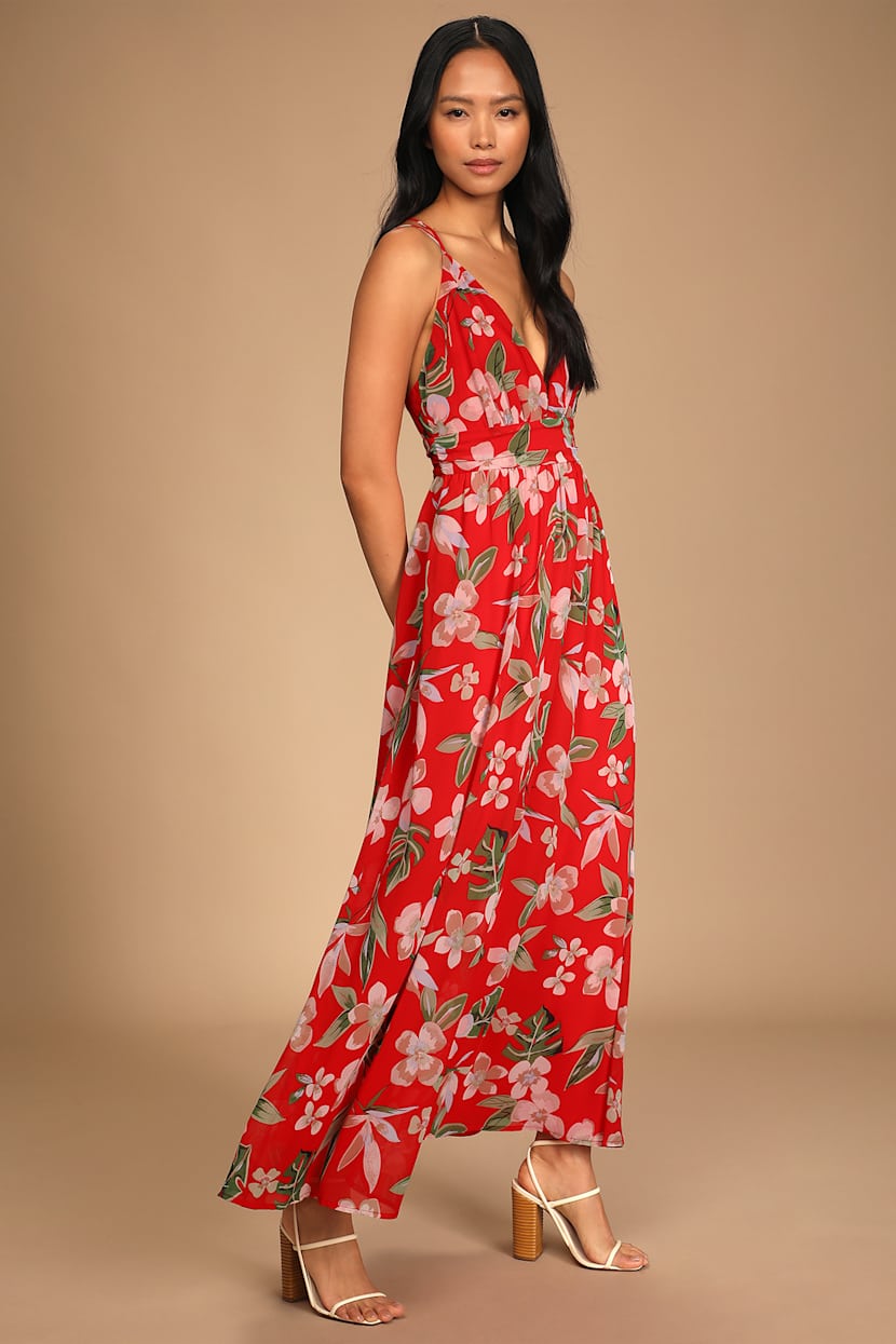 red tropical dress Red Tropical Dress - Tropical Print Maxi Dress - V-Neck Dress