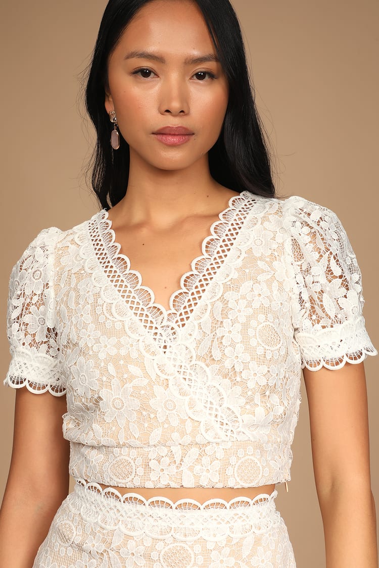Always With Grace White Lace Surplice Puff Sleeve Crop Top