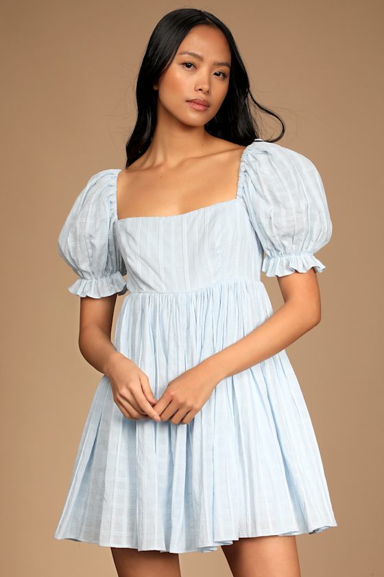 A Day in Paris Light Blue Square Neck Puff Sleeve Babydoll Dress 4