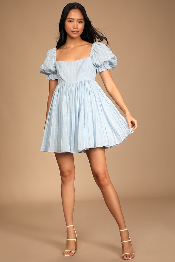 A Day in Paris Light Blue Square Neck Puff Sleeve Babydoll Dress
