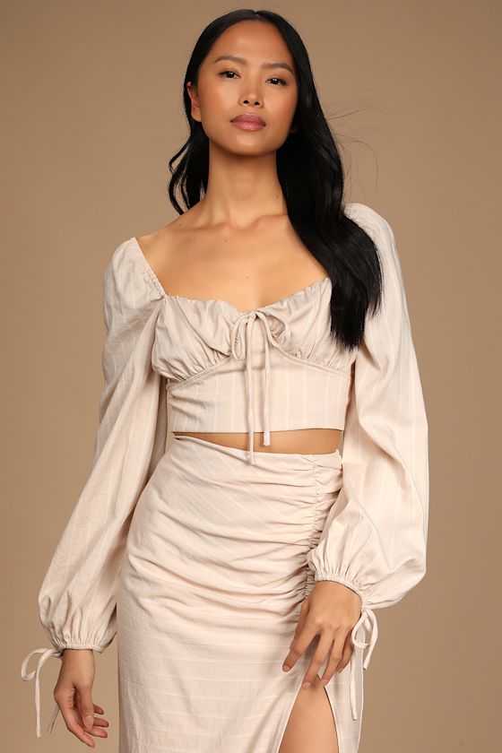Out With You Beige Striped Bustier Long Sleeve Crop Top 4