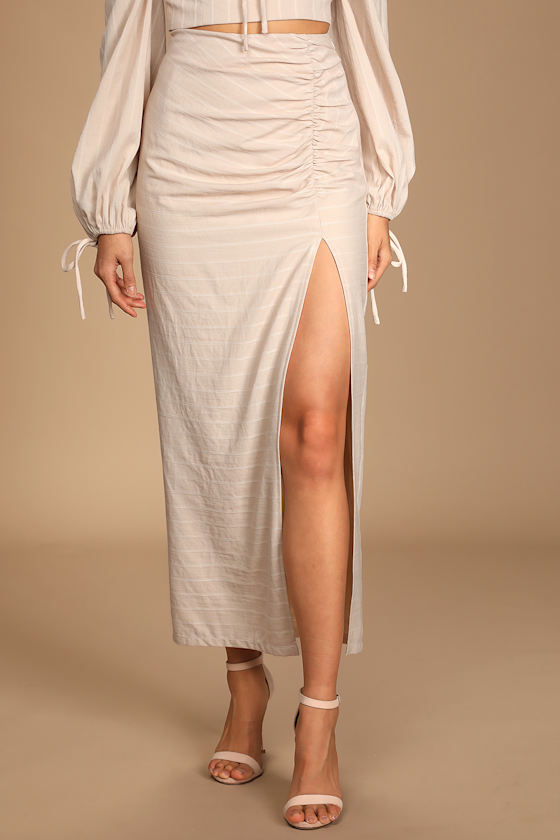 Out With You Beige Striped Ruched Midi Skirt 4