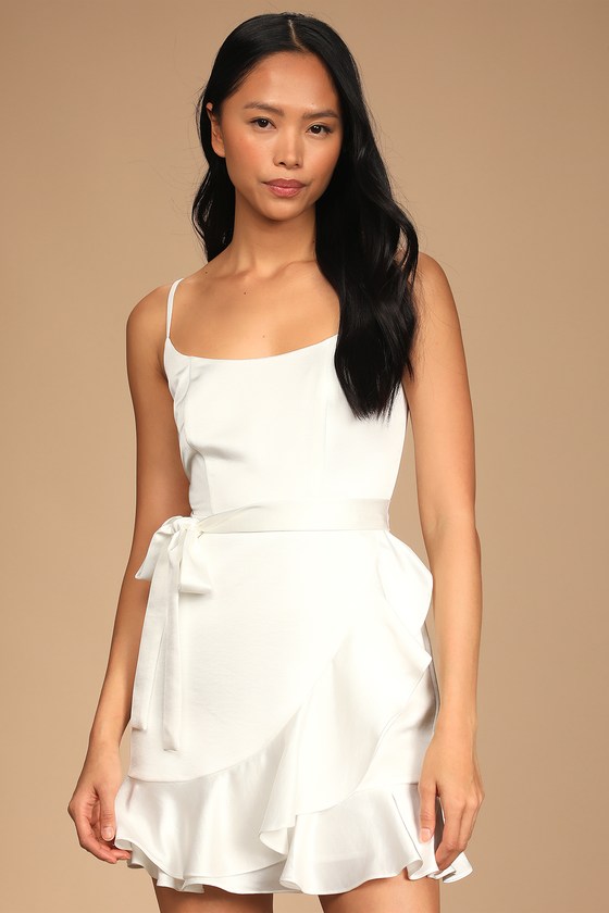 White Dress - Satin Mini Dress - Satin Wrap Dress - Lulus