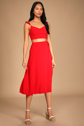 Adore and Cherish Red Lace-Up Two-Piece Wrap Midi Dress