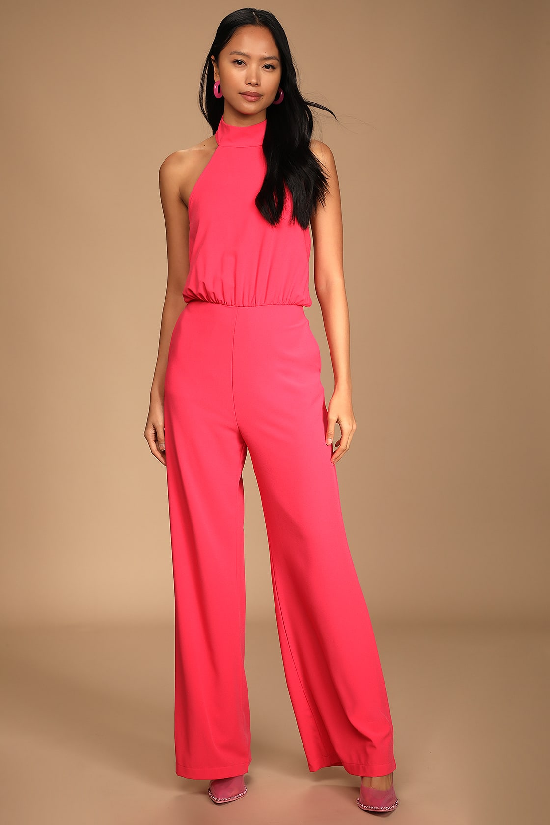 Hot Pink and Coral Pink Wedding Guest Jumpsuit with Halter Neck