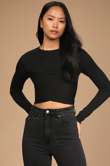 Tie You In Black Ribbed Knit Wrap Sweater