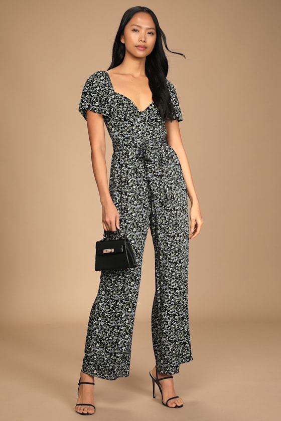 Black Floral Jumpsuit - Sweetheart Jumpsuit - Wide-Leg