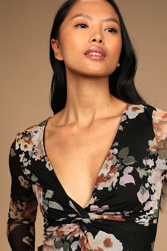 Floral Mesh Bodysuit Black Floral Bodysuit TwistFront Top Lulus