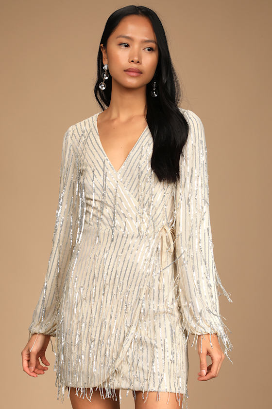 Puttin' on the Glitz Silver Sequin Fringe Long Sleeve Wrap Dress 1