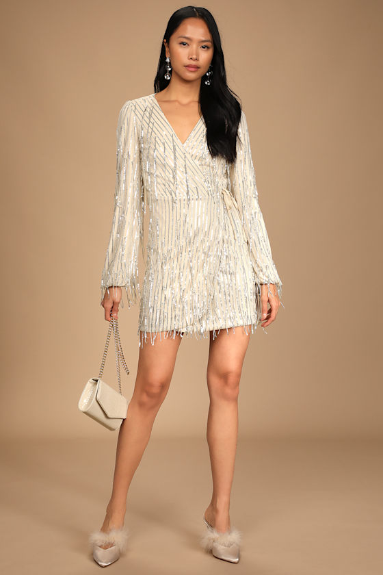 Puttin' on the Glitz Silver Sequin Fringe Long Sleeve Wrap Dress 3