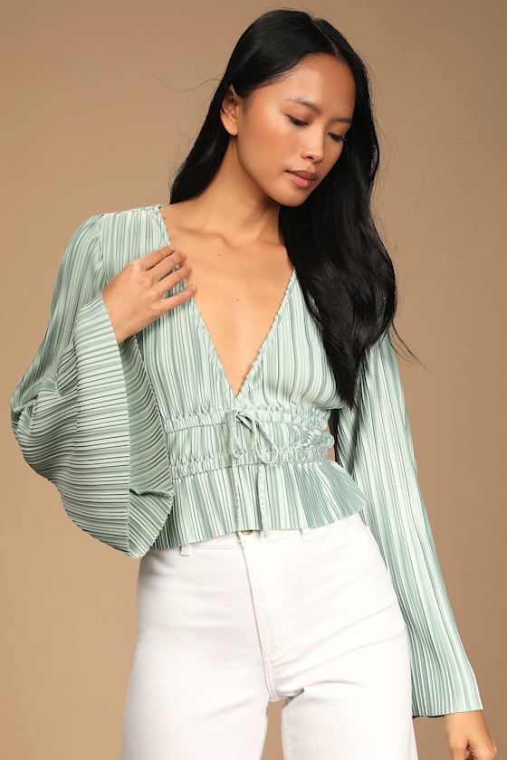 Staying Optimistic Sage Green Pleated Bell Sleeve Top 3