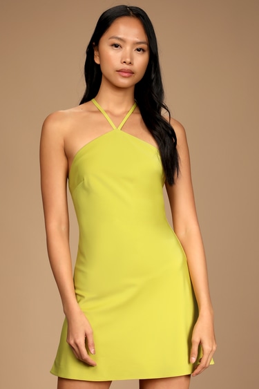 Rooftop Party Chartreuse Satin Halter Mini Dress