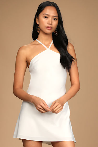 Rooftop Party White Satin Halter Mini Dress
