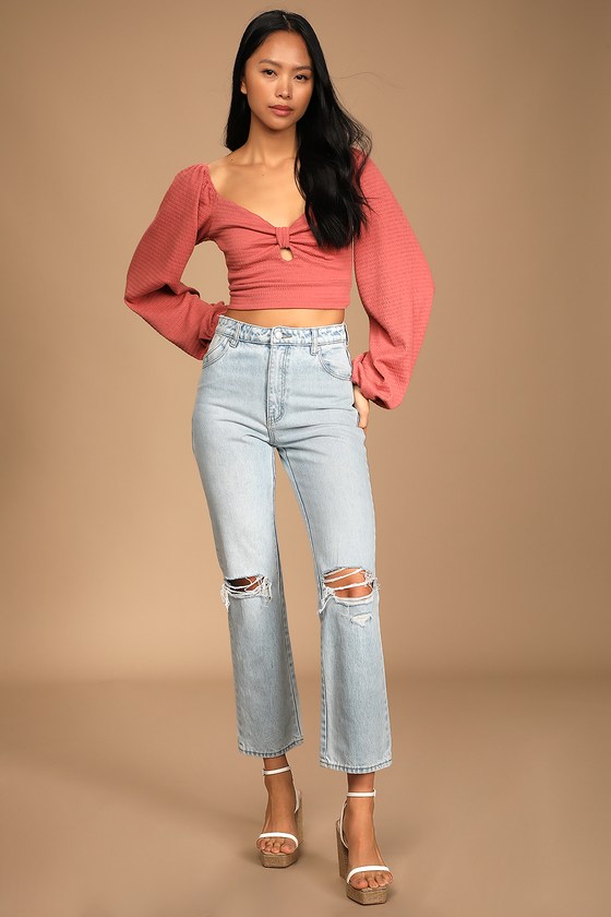 Terracotta Long Sleeve Top - Knot-Front Top - Pink Crop Top
