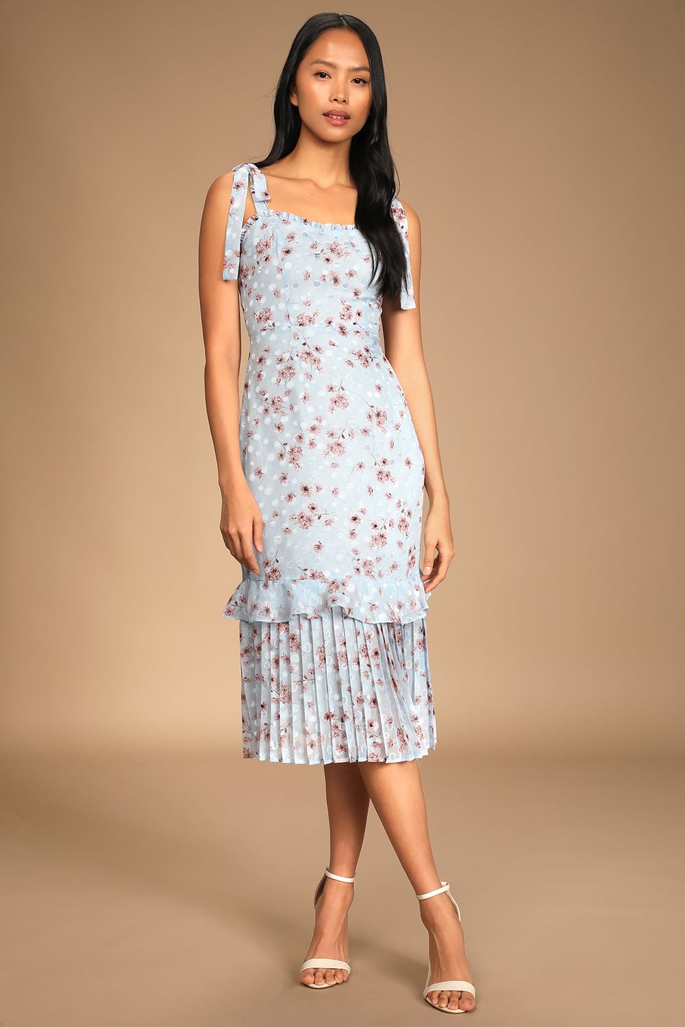 Terrace Views Light Blue Floral Print Tiered Midi Dress