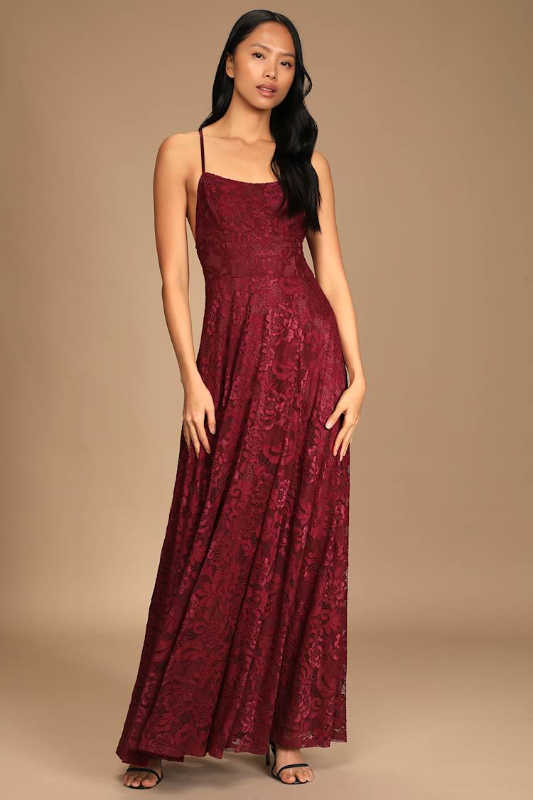 knee length dresses for ladies Burgundy Lace Satin Maxi Dress – self-portrait-US main image 0