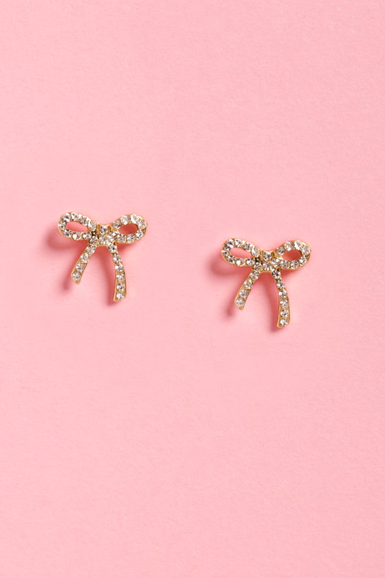 Cute Rhinestone Earrings Gold Earrings Bow Earrings 9.00 Lulus
