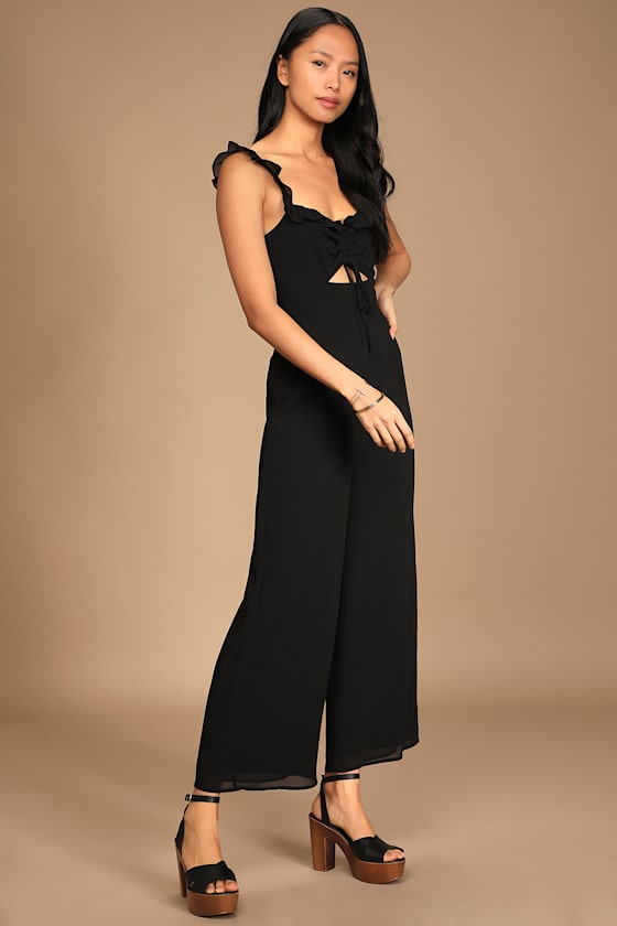 Black Jumpsuit Ruffled Jumpsuit Ruched Drawstring Jumpsuit Lulus