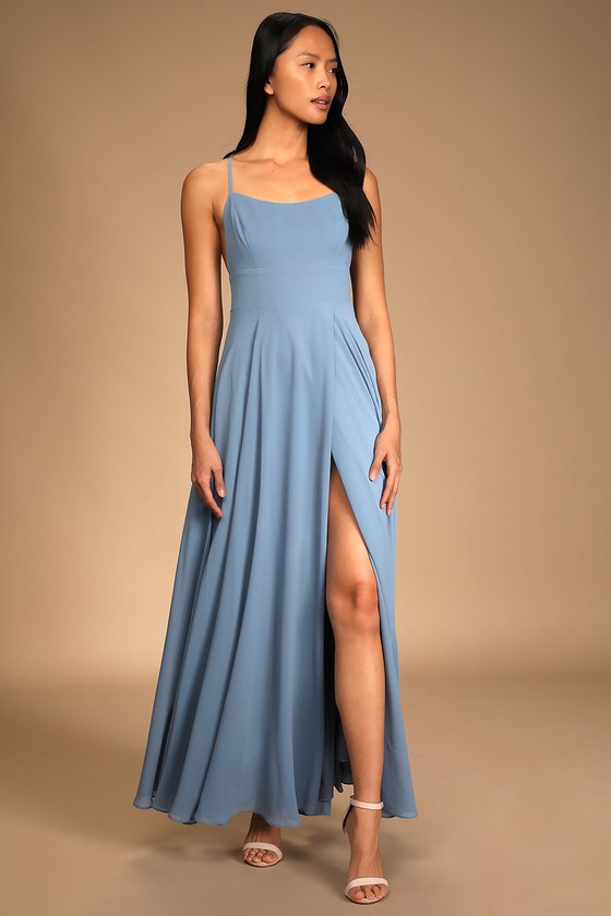 Dreamy Romance Slate Blue Backless Maxi Dress