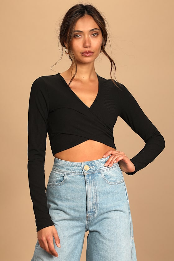 Cross Your Path Black Ribbed Cross Front Long Sleeve Top 4