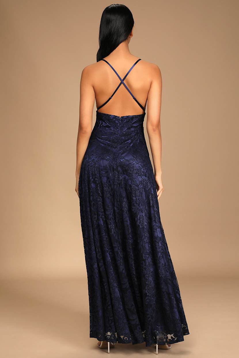 chinese dress ladies Navy Lace Maxi Dress with Open Back main image 0