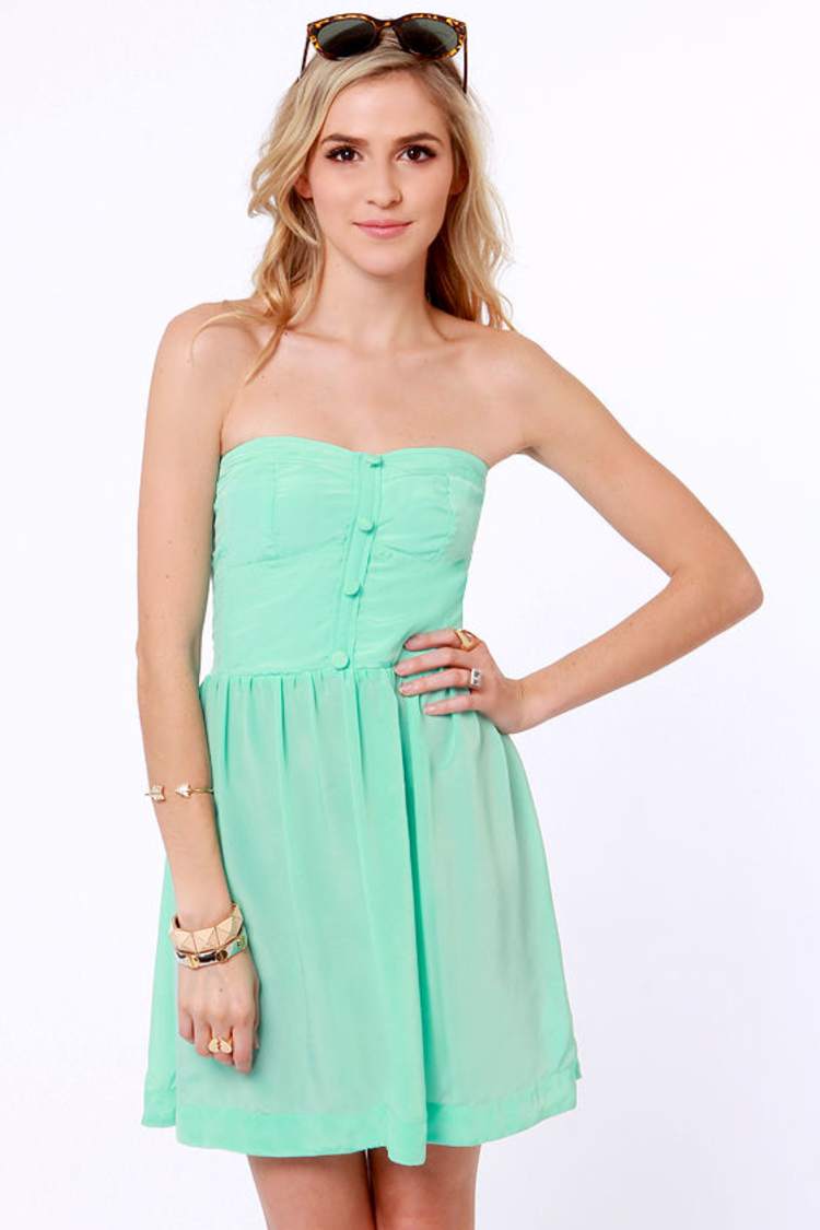 mint strapless bridesmaid dress Mac Duggal Strapless Chiffon Gown With Braided Belt