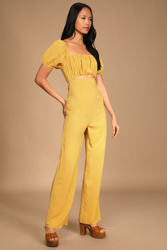 Room for Love Light Yellow Puff Sleeve Cutout Jumpsuit 1