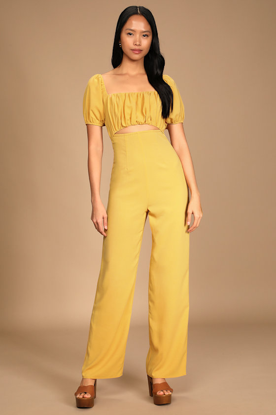Room for Love Light Yellow Puff Sleeve Cutout Jumpsuit 4