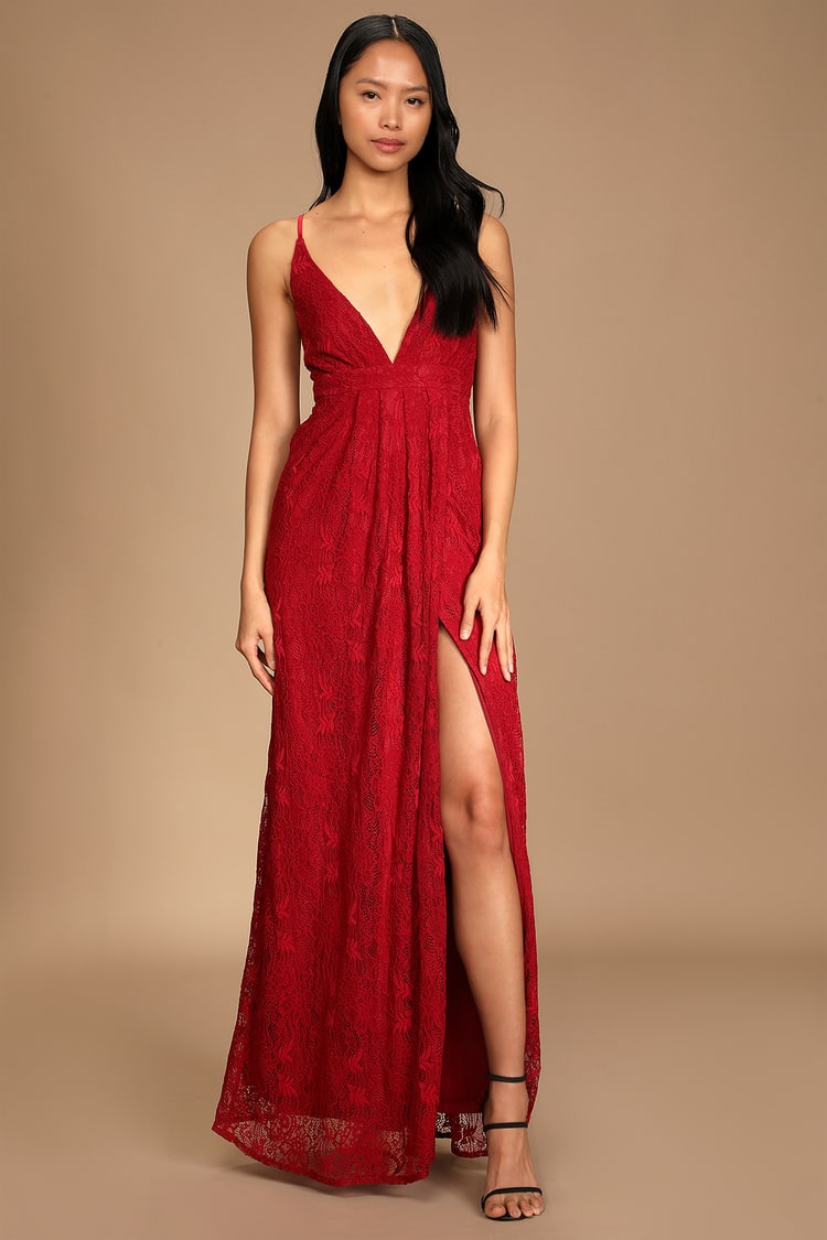 Stolen Moments Wine Red Lace-Up Lace Maxi Dress