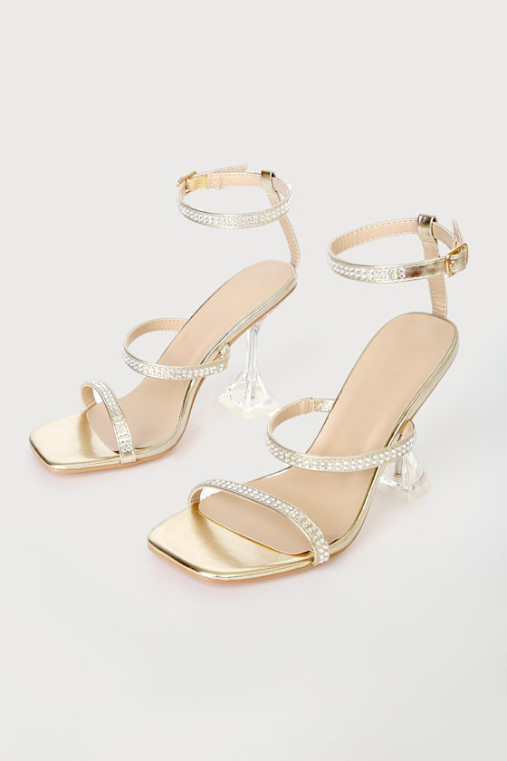 gold strappy heels with rhinestones