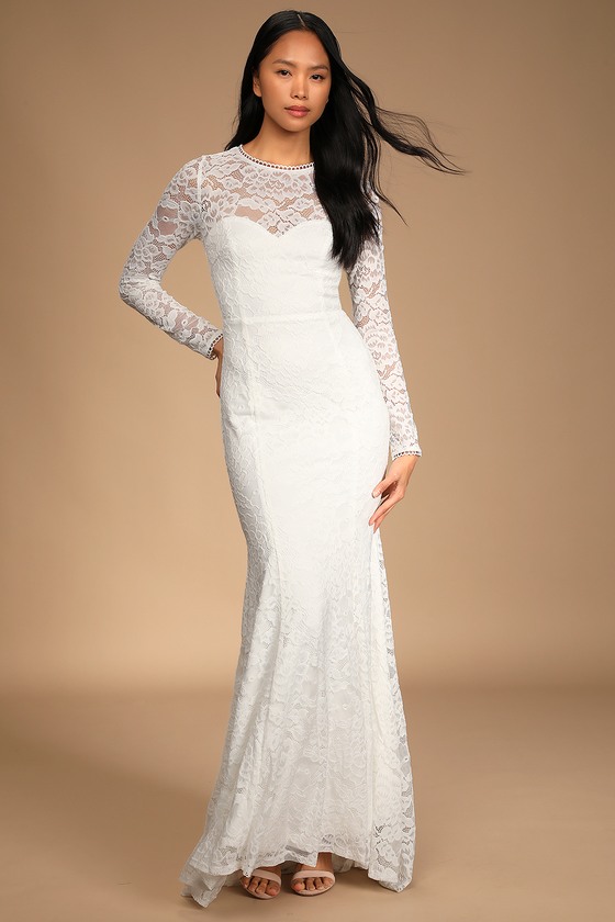 White Maxi Dress - Backless Dress - Lace Dress - Mermaid