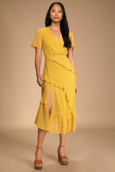 Next to You Mustard Yellow Swiss Dot Ruffled Midi Dress