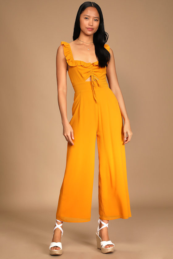 Yellow Jumpsuit Ruffled Jumpsuit Ruched Drawstring Jumpsuit Lulus