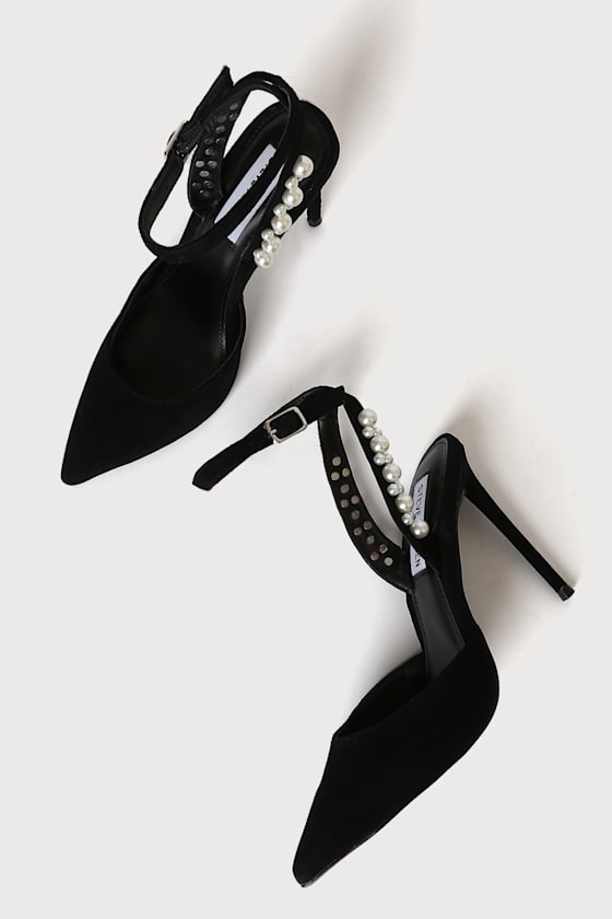 Vary Black Suede Leather Pearl Pointed-Toe Ankle Strap Pumps 4
