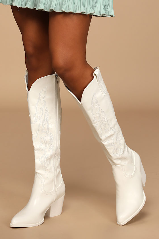 Oril White Pointed-Toe Knee-High Boots 2