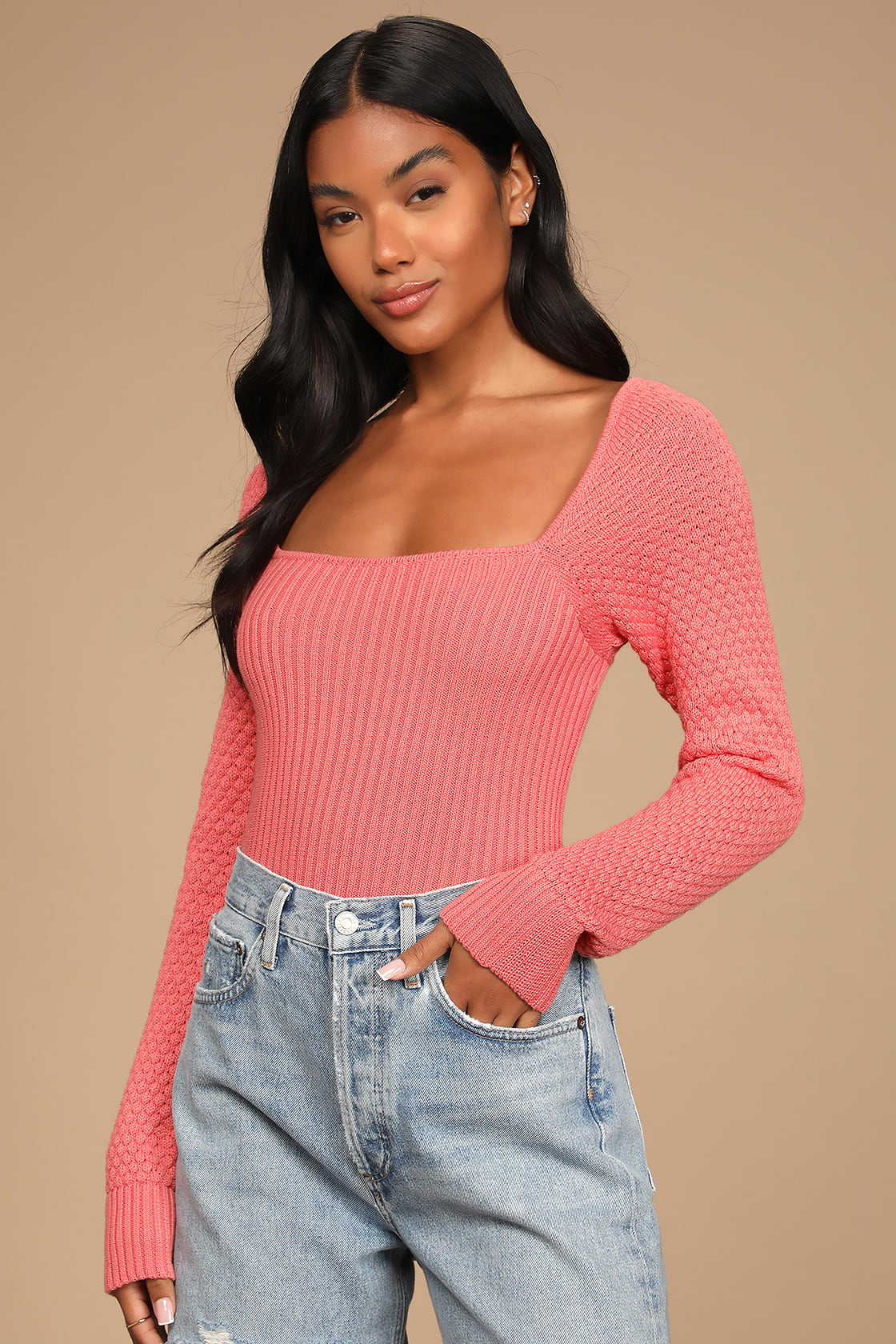 Coral Pink Sweater - Mixed Knit Sweater - Square Neck Sweater Top - Lulus
