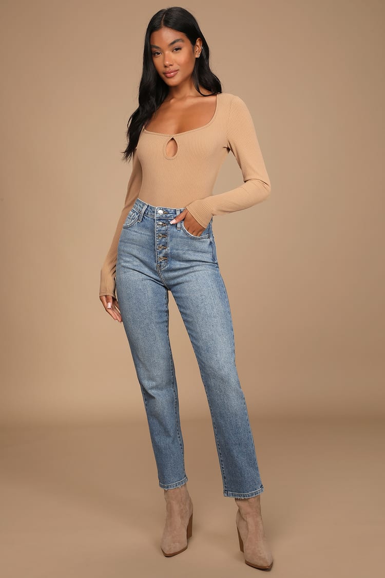 High-Waisted Denim Cut Jeans