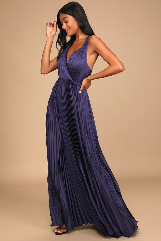 Indigo Blue Dress - Pleated Satin Dress - Backless Maxi Dress - Lulus