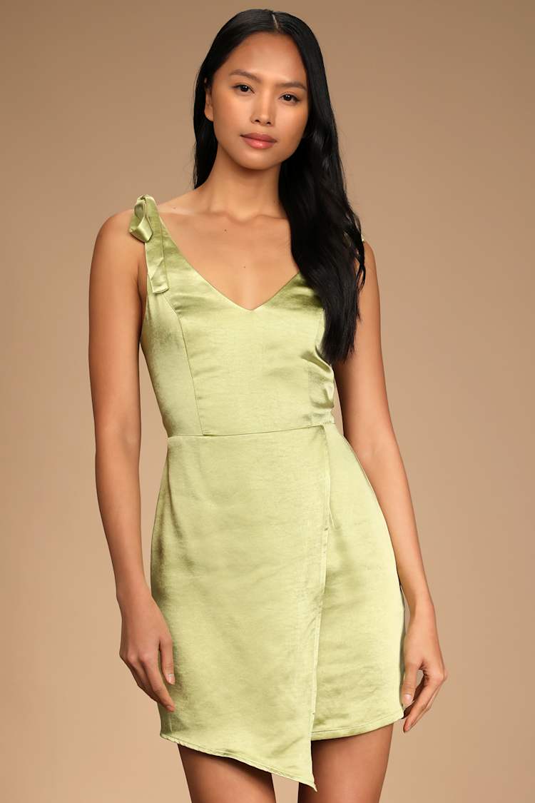 slim fit dress slacks Light Green Satin Lace Short Prom Dress, A-Line Short Sleeve Party Dress US 14 / Light Green main image 1