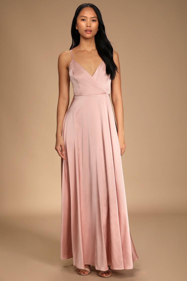 Blush Pink Satin Dress - Surplice Gown - Satin Maxi Dress - Lulus
