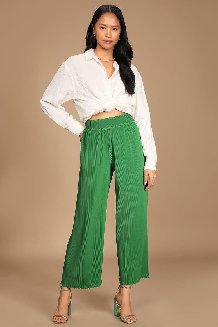 Spring Me Along Green Plisse High-Waisted Pants