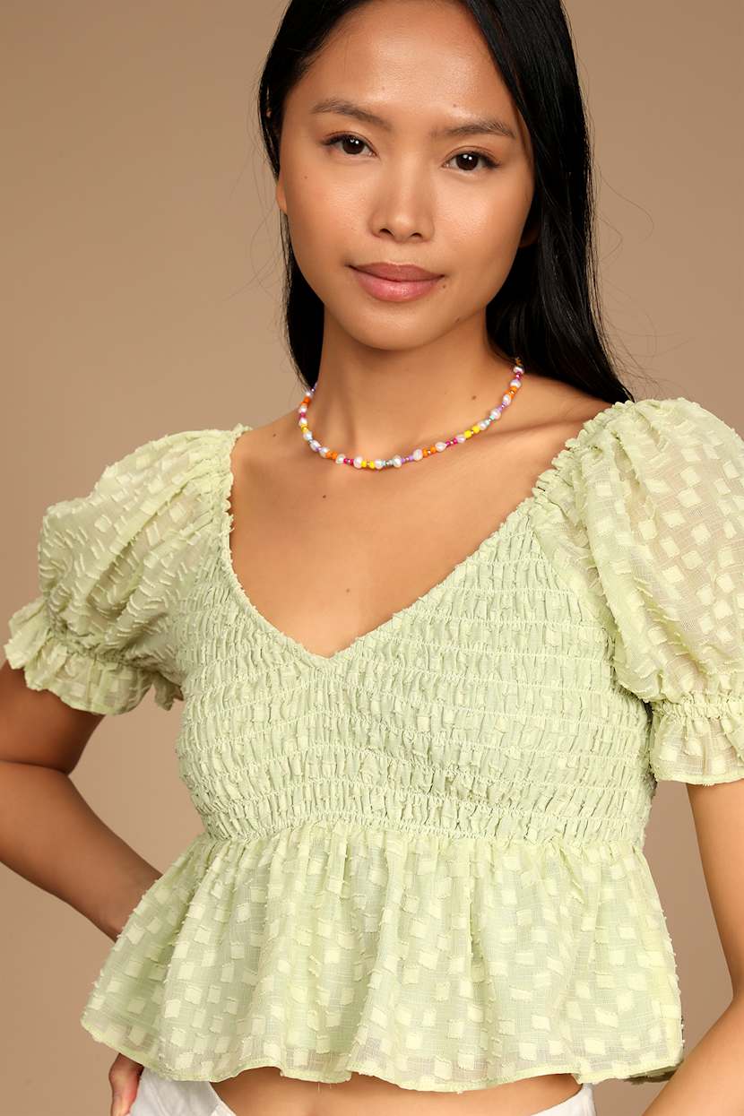 Sage Green Top - Puff Sleeve Crop Top - Smocked Peplum Top - Lulus