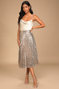 Glamorous Occasion Rose Gold Sequin Pleated Midi Skirt 1